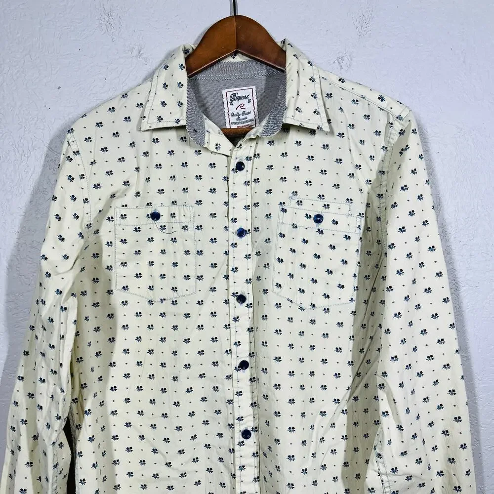 Request Retro Micro Floral Print Button Up Shirt Long Sleeve - M